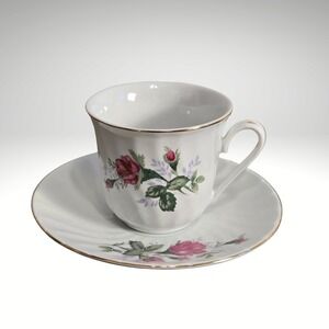 Vintage cottagecore MCM 60s Porcelain Teacup and‎ Saucer Set Pink Rose Gold Rim
